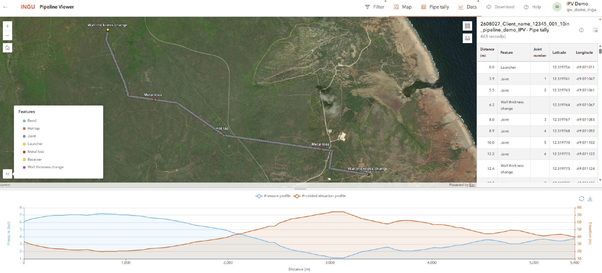 INGU Pipeline Viewer showing the pipeline map, the pipe tally and the pressure and elevation profile in one view